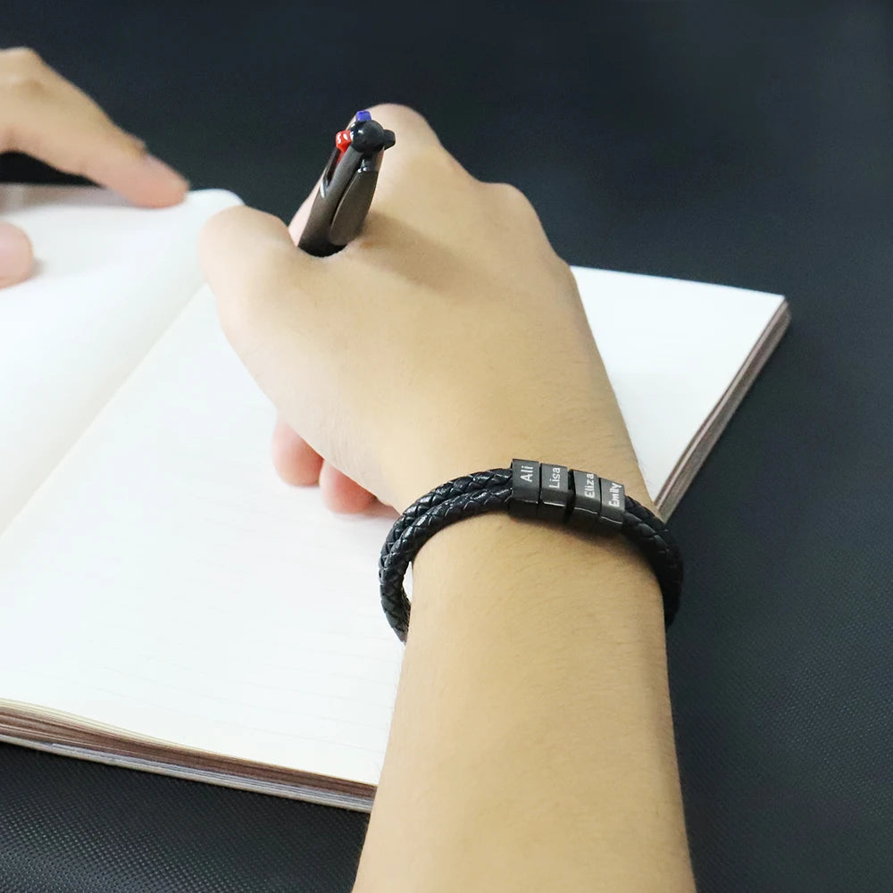 1pc Personalized Family Names Men Leather Bracelet with two straps Customized Gift for Father's Day