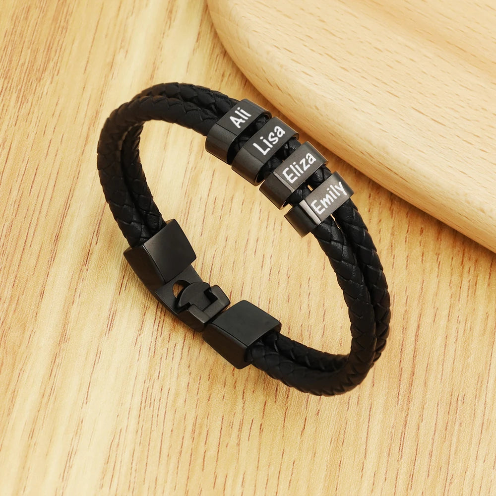 1pc Personalized Family Names Men Leather Bracelet with two straps Customized Gift for Father's Day